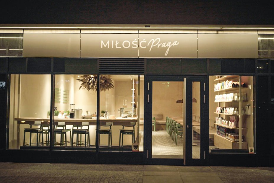 Storefront of MIŁOŚĆ, specialty coffee shop in Warsaw