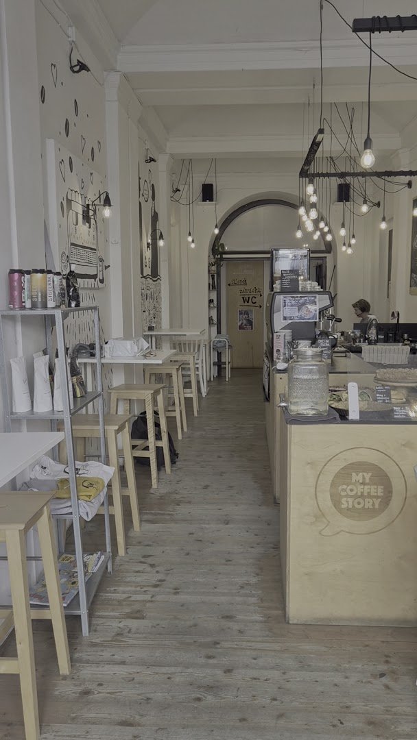 Interior of My Coffee Story, specialty coffee shop in Prague