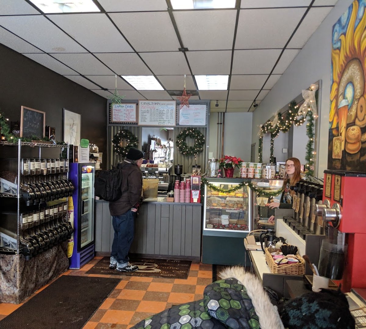 Interior of Canaltown Coffee Roasters, specialty coffee shop in Rochester