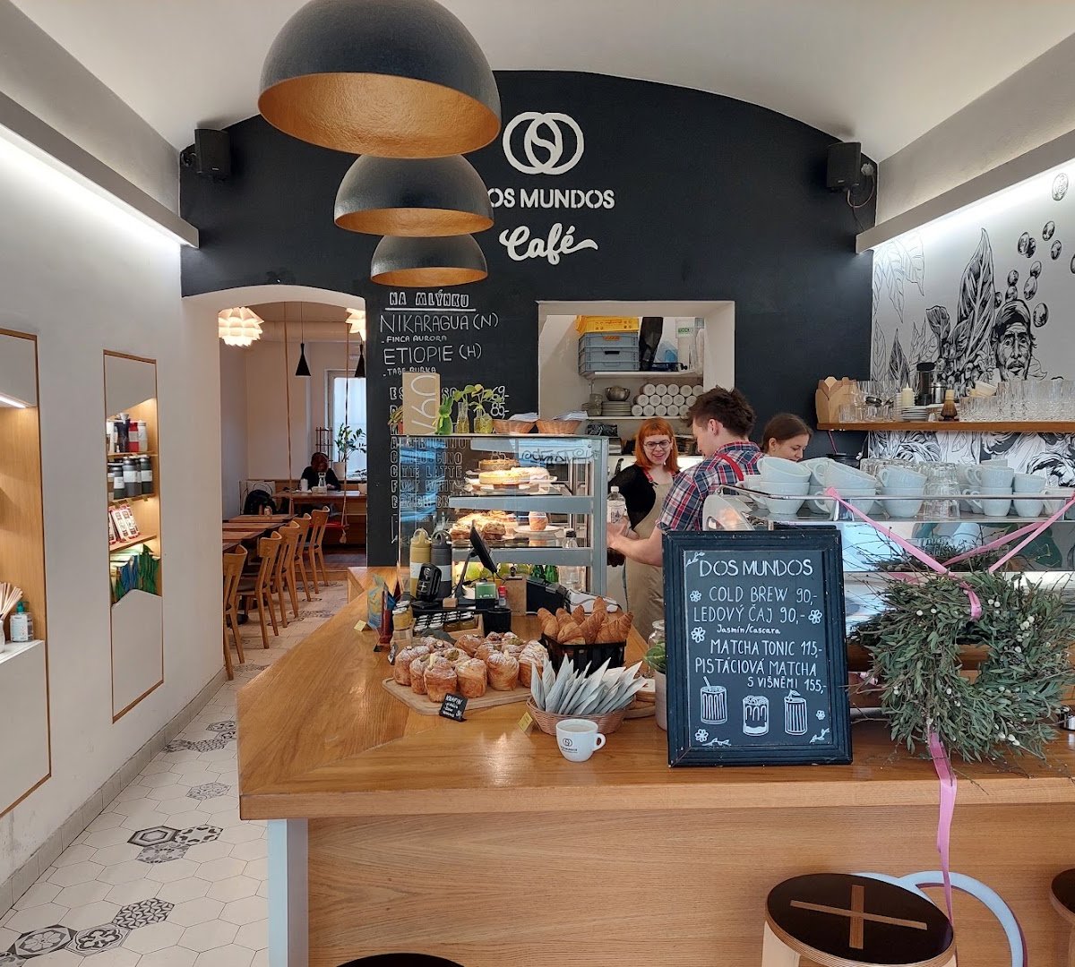 Interior of Dos Mundos Café, specialty coffee shop in Prague