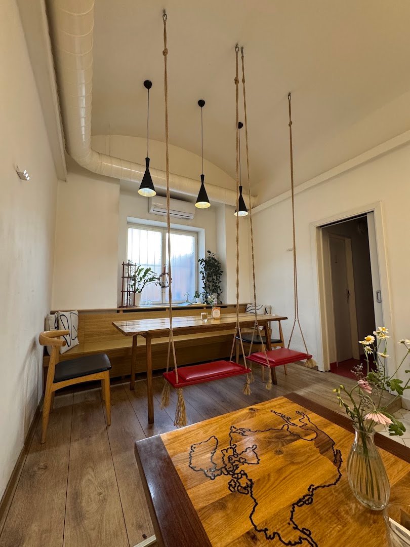Interior of Dos Mundos Café, specialty coffee shop in Prague