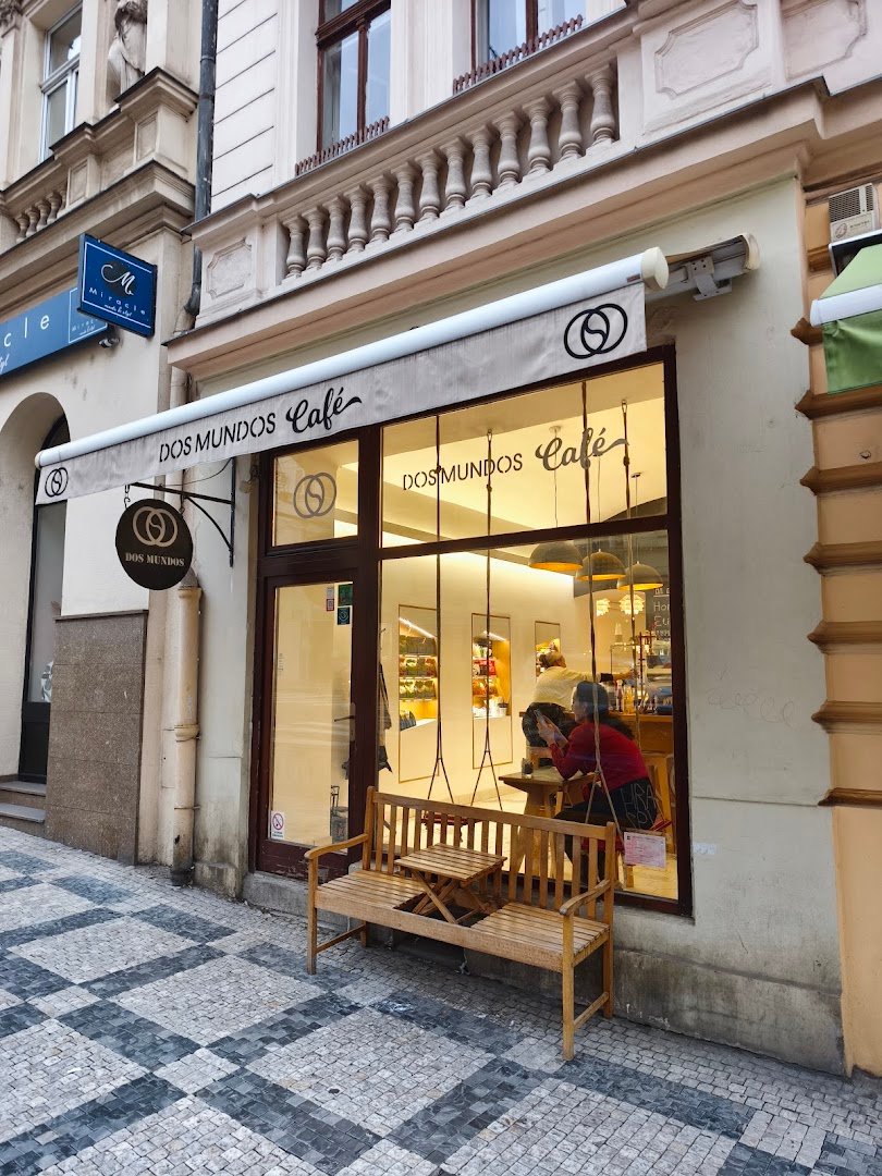Storefront of Dos Mundos Café, specialty coffee shop in Prague