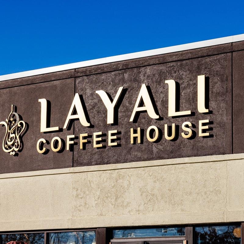 Storefront of Layali Coffee House, specialty coffee shop in Rochester