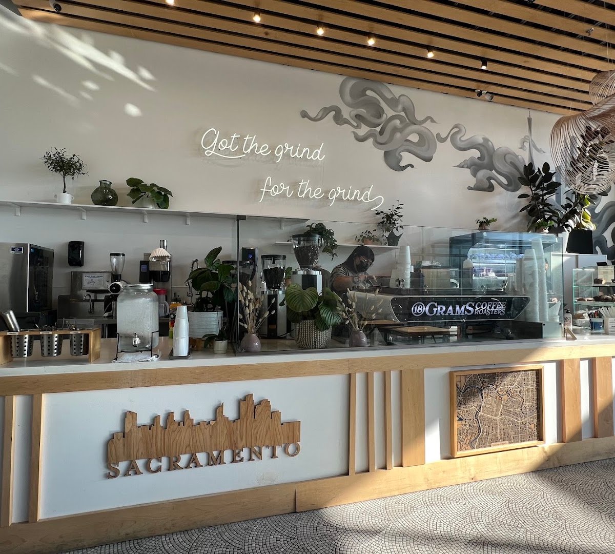 Interior of 18 Grams Coffee Roasters, specialty coffee shop in Sacramento