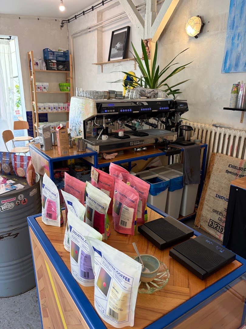 Interior of Industra Coffee Praha Nusle, specialty coffee shop in Prague