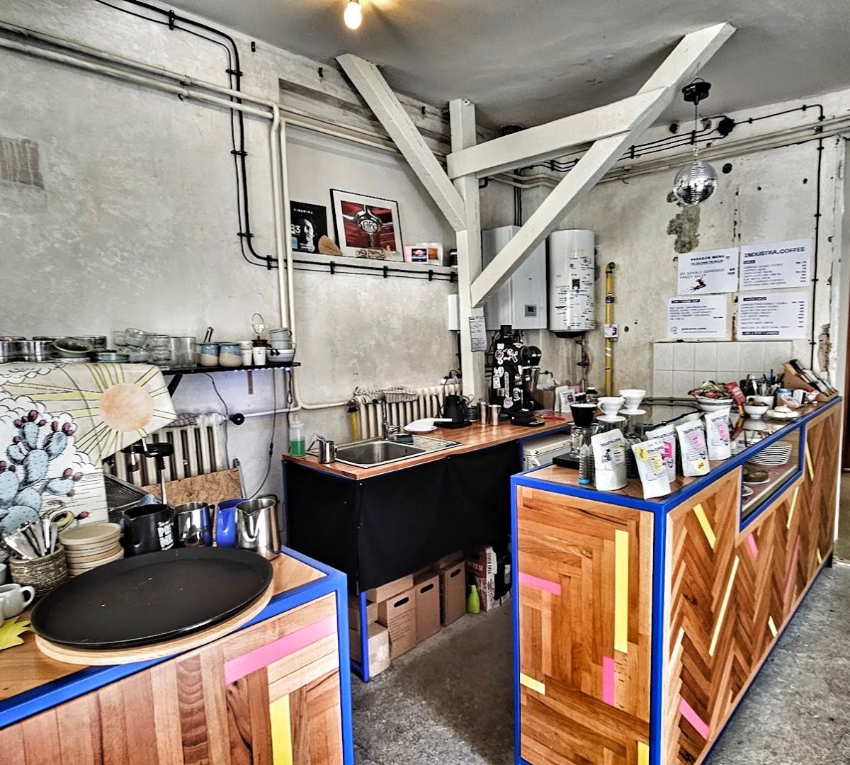 Interior of Industra Coffee Praha Nusle, specialty coffee shop in Prague