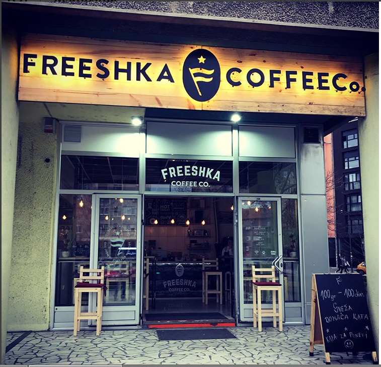 Storefront of FREESHKA COFFEE Co., specialty coffee shop in Novi Sad