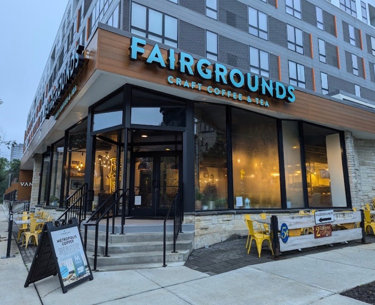 Storefront of Fairgrounds Coffee and Tea, specialty coffee shop in Milwaukee
