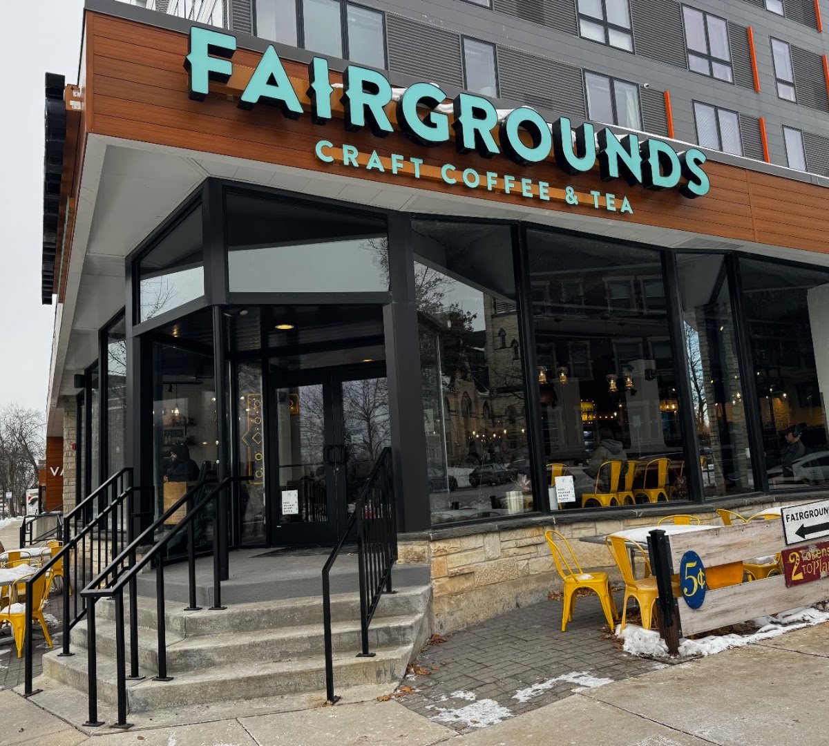 Storefront of Fairgrounds Coffee and Tea, specialty coffee shop in Milwaukee