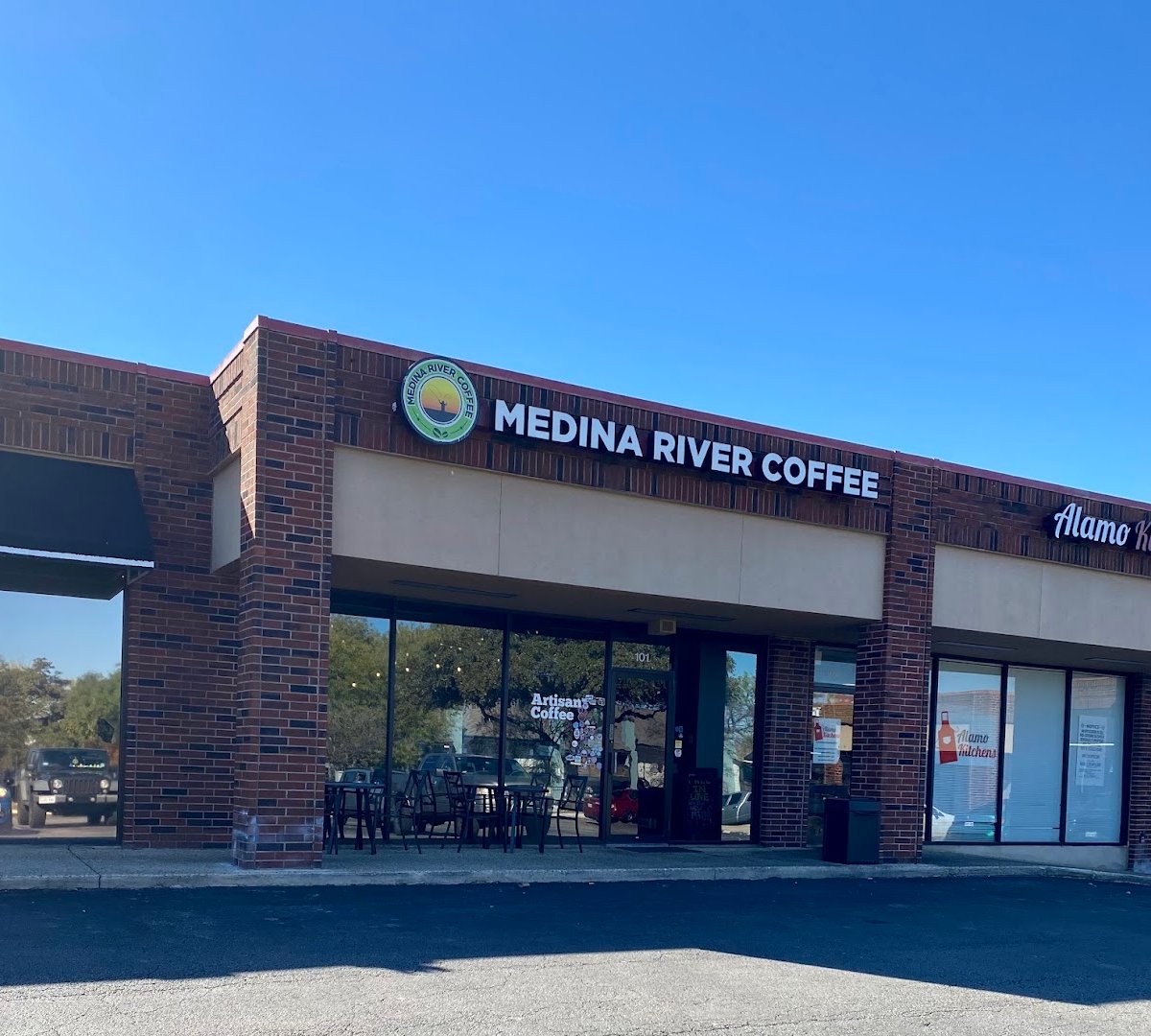 Storefront of Medina River Coffee Roasters, specialty coffee shop in San Antonio