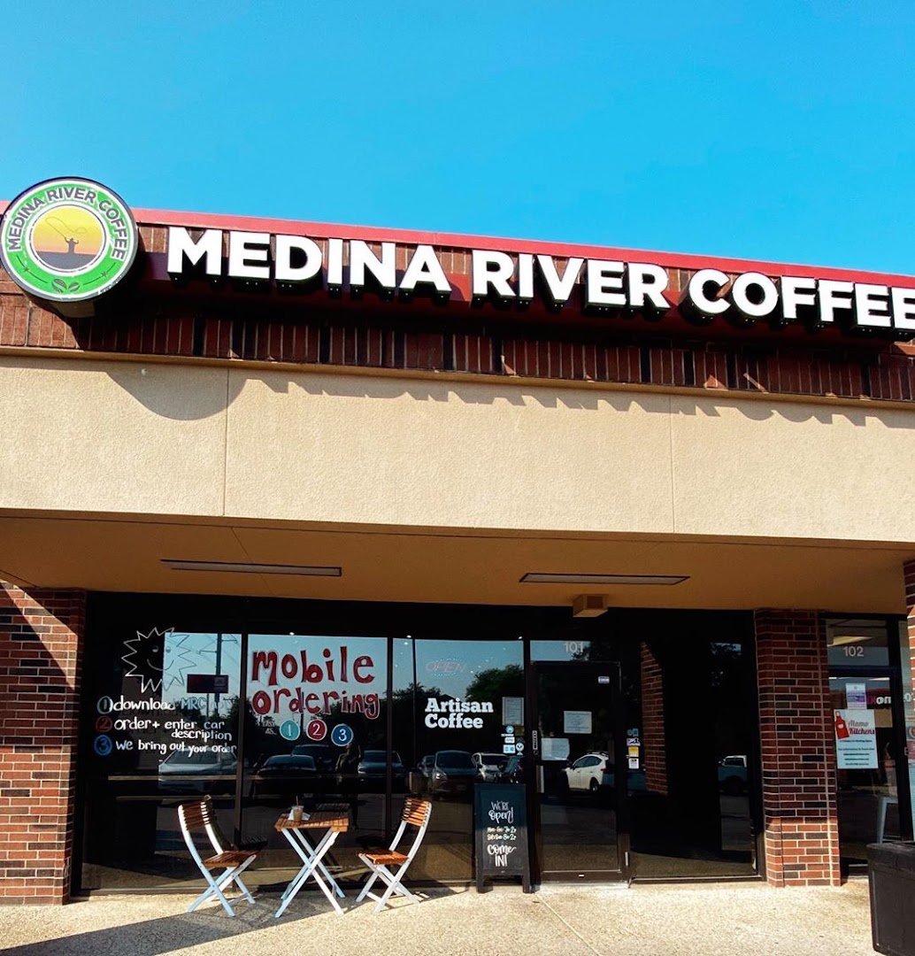 Storefront of Medina River Coffee Roasters, specialty coffee shop in San Antonio