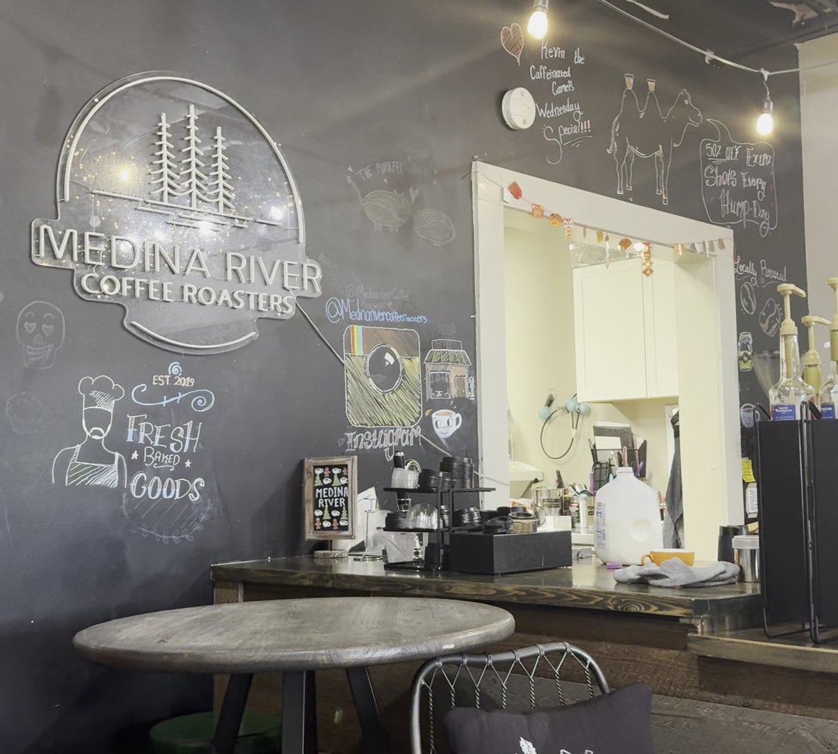 Interior of Medina River Coffee Roasters, specialty coffee shop in San Antonio