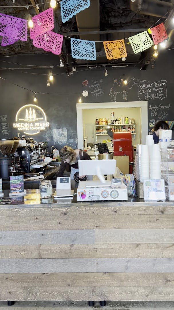 Interior of Medina River Coffee Roasters, specialty coffee shop in San Antonio
