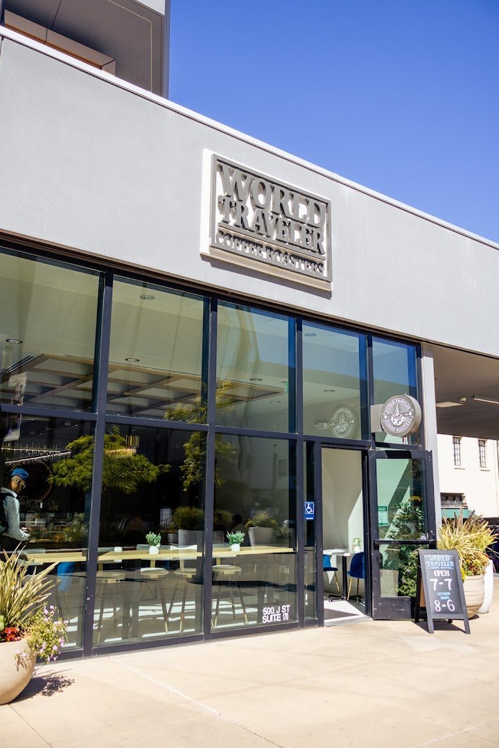 Storefront of World Traveler Coffee Roasters, specialty coffee shop in Sacramento