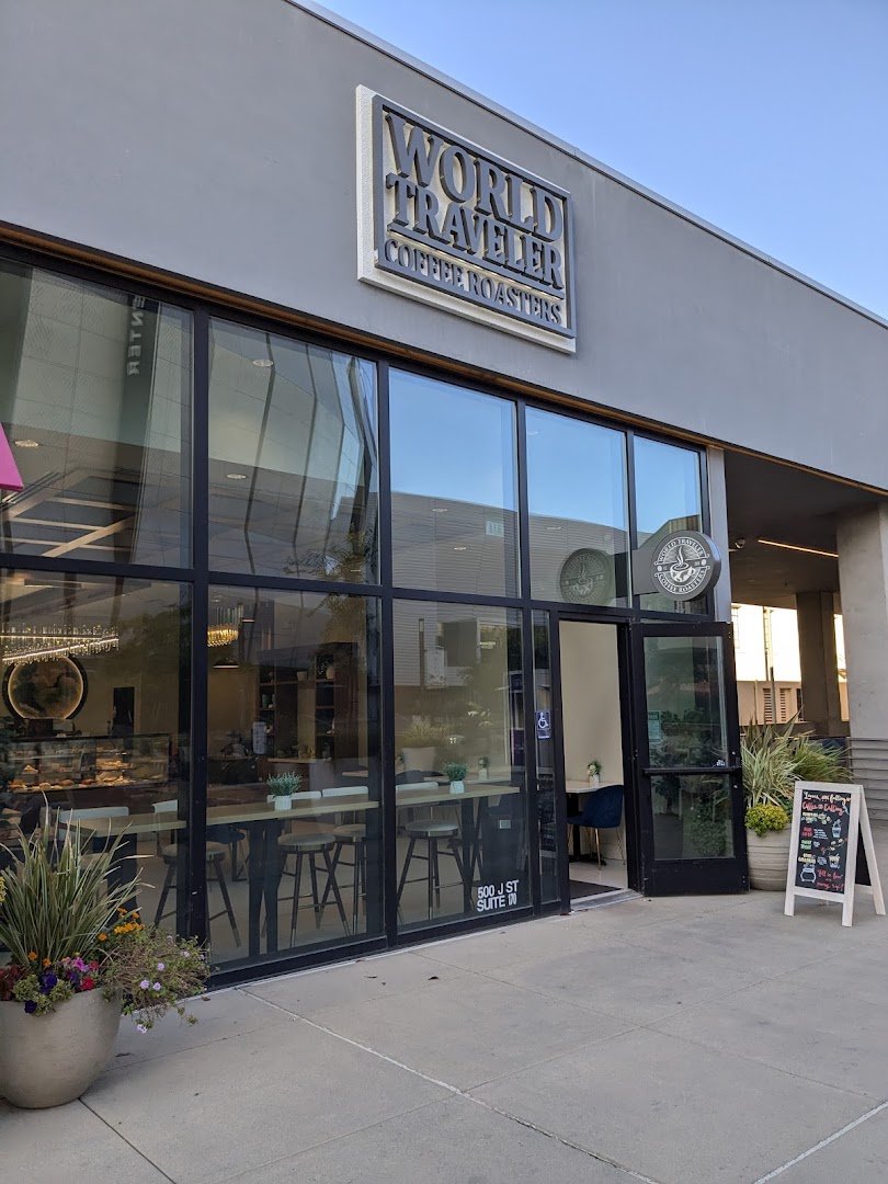 Storefront of World Traveler Coffee Roasters, specialty coffee shop in Sacramento