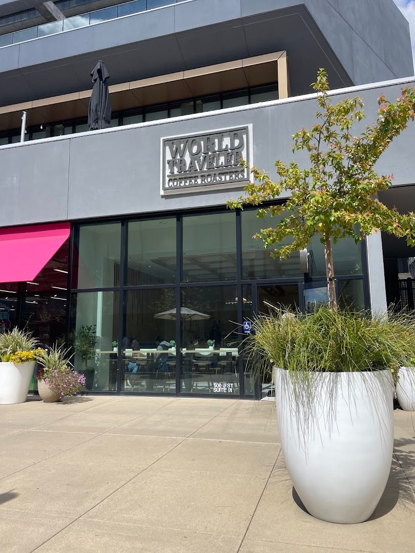 Storefront of World Traveler Coffee Roasters, specialty coffee shop in Sacramento