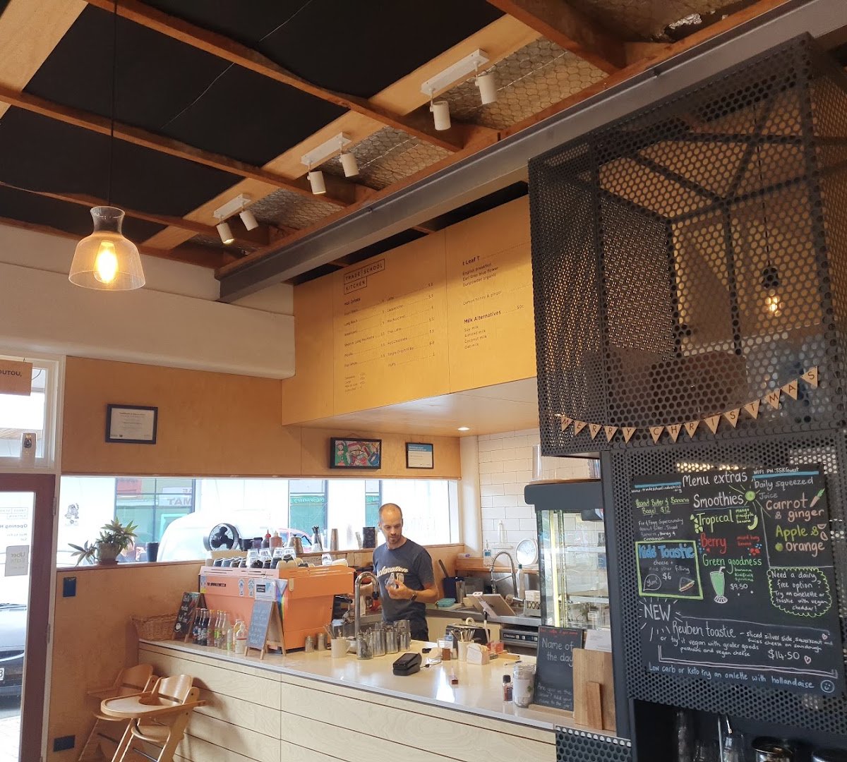 Interior of Trade School Kitchen, specialty coffee shop in Wellington